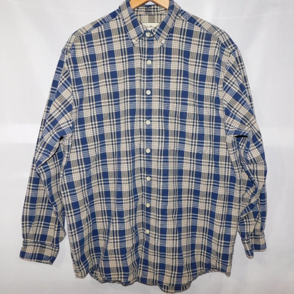 Eddie Bauer L Tall LT Ultralong Blue Cream Plaid Long Sleeve Button Front shirt - Picture 2 of 9